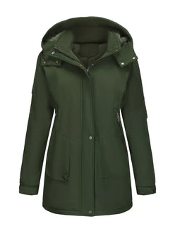 Dark green insulated hooded parka from Daverri Fashions, plus size windproof coat