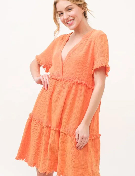 And The Why Washed Frayed Detail Tiered Dress | Knee Length Dresses Daverri Fashions