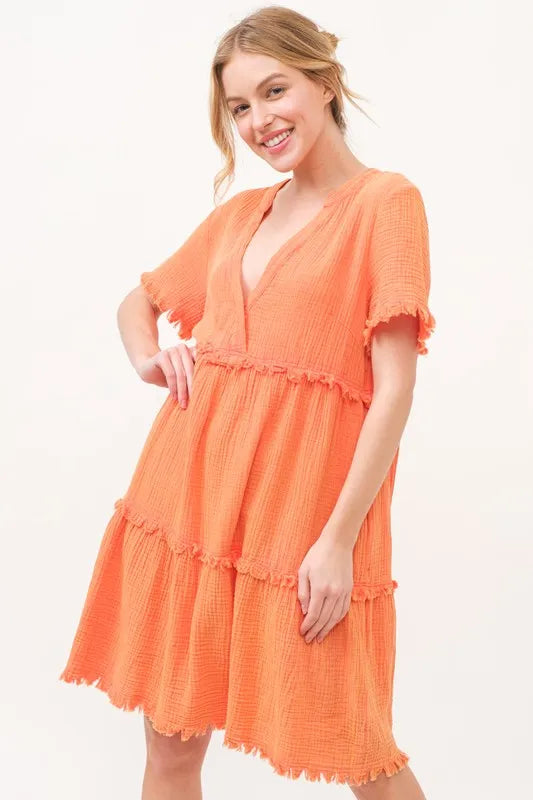 And The Why Washed Frayed Detail Tiered Dress Knee Length Dresses