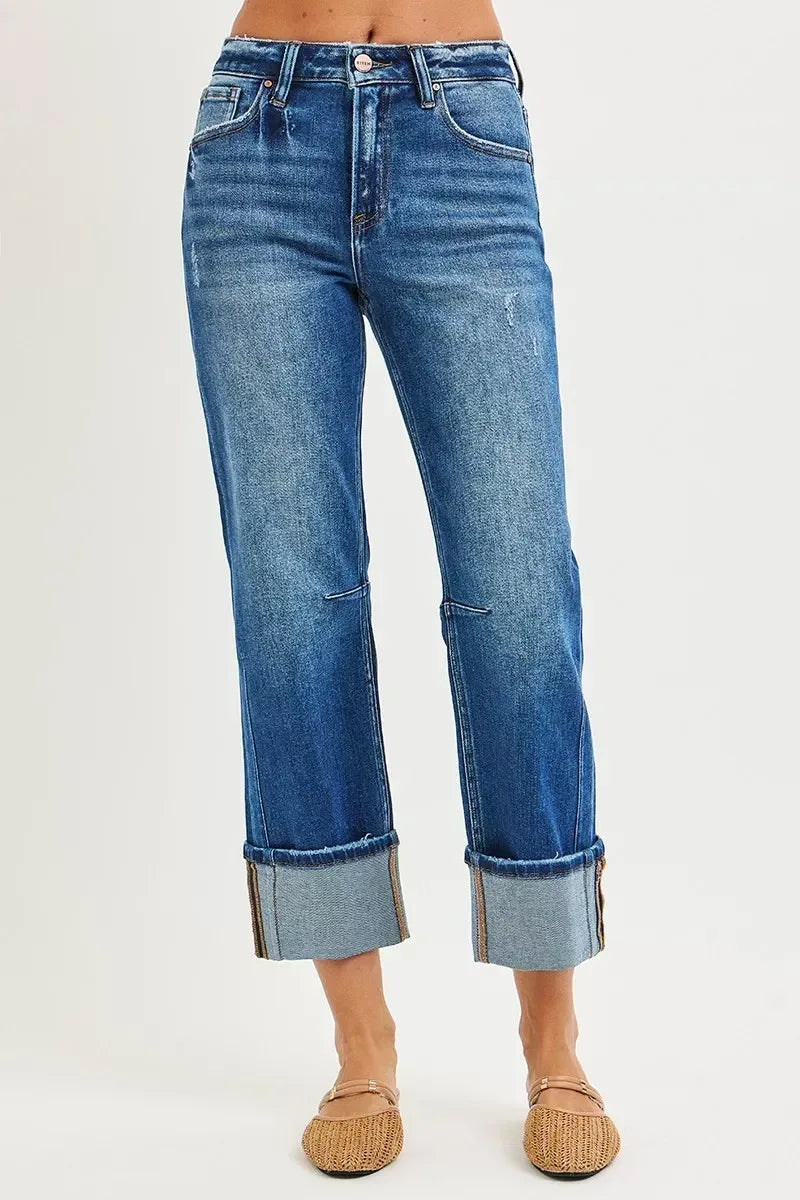 RISEN High Rise Straight Jeans with Distressed Hem - DAVERRI FASHIONS
