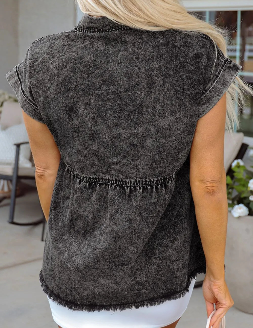 Short Sleeve Flap Pocket Button Up Raw Hem Denim Shirt | Shirts Daverri Fashions