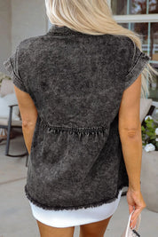 Short Sleeve Flap Pocket Button Up Raw Hem Denim Shirt | Shirts Daverri Fashions