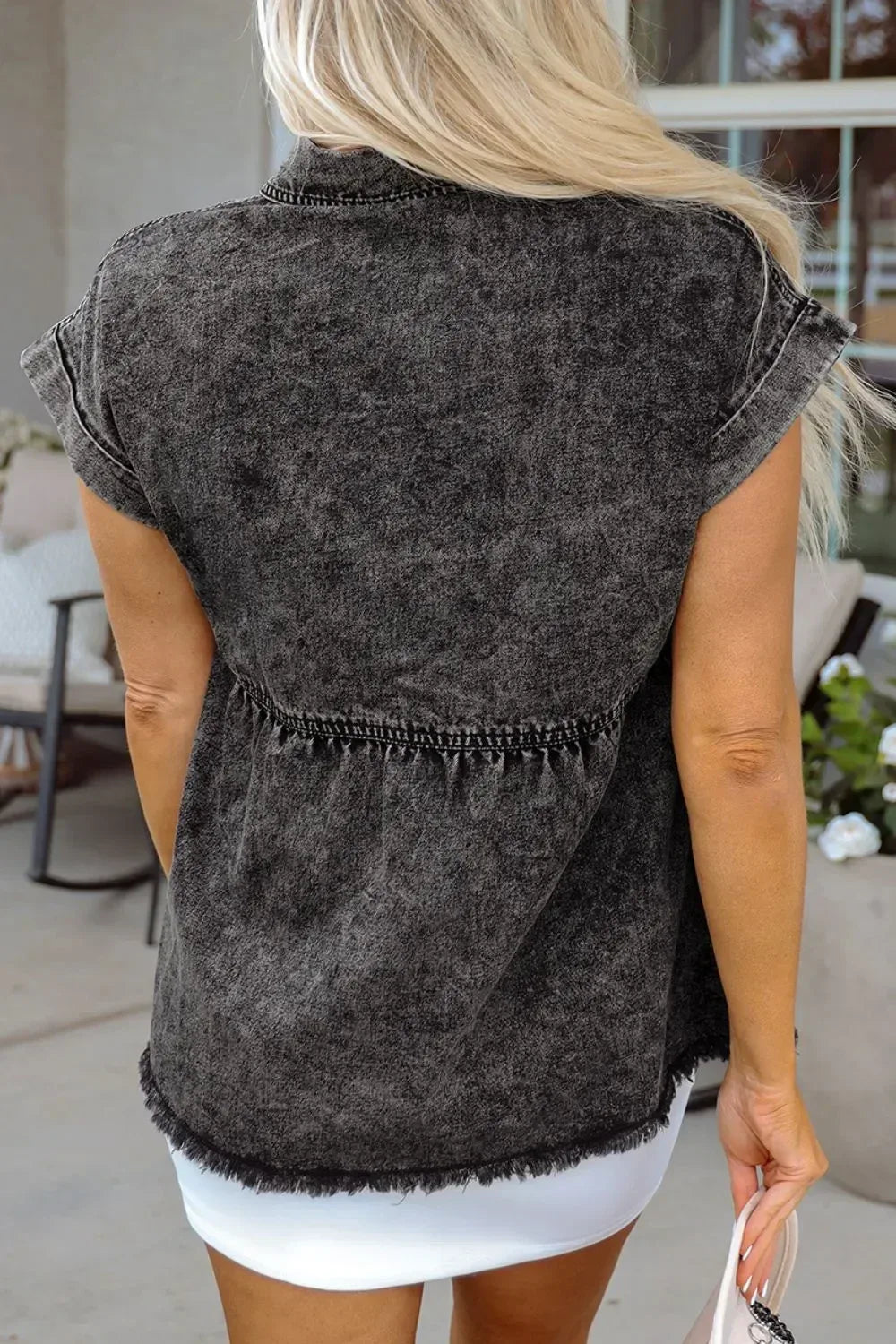 Short Sleeve Flap Pocket Button Up Raw Hem Denim Shirt - DAVERRI FASHIONS