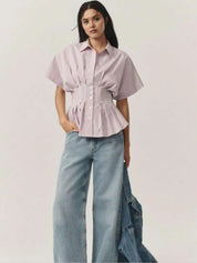 Striped Short Sleeve Button-Up Shirt | Daverri Fashions
