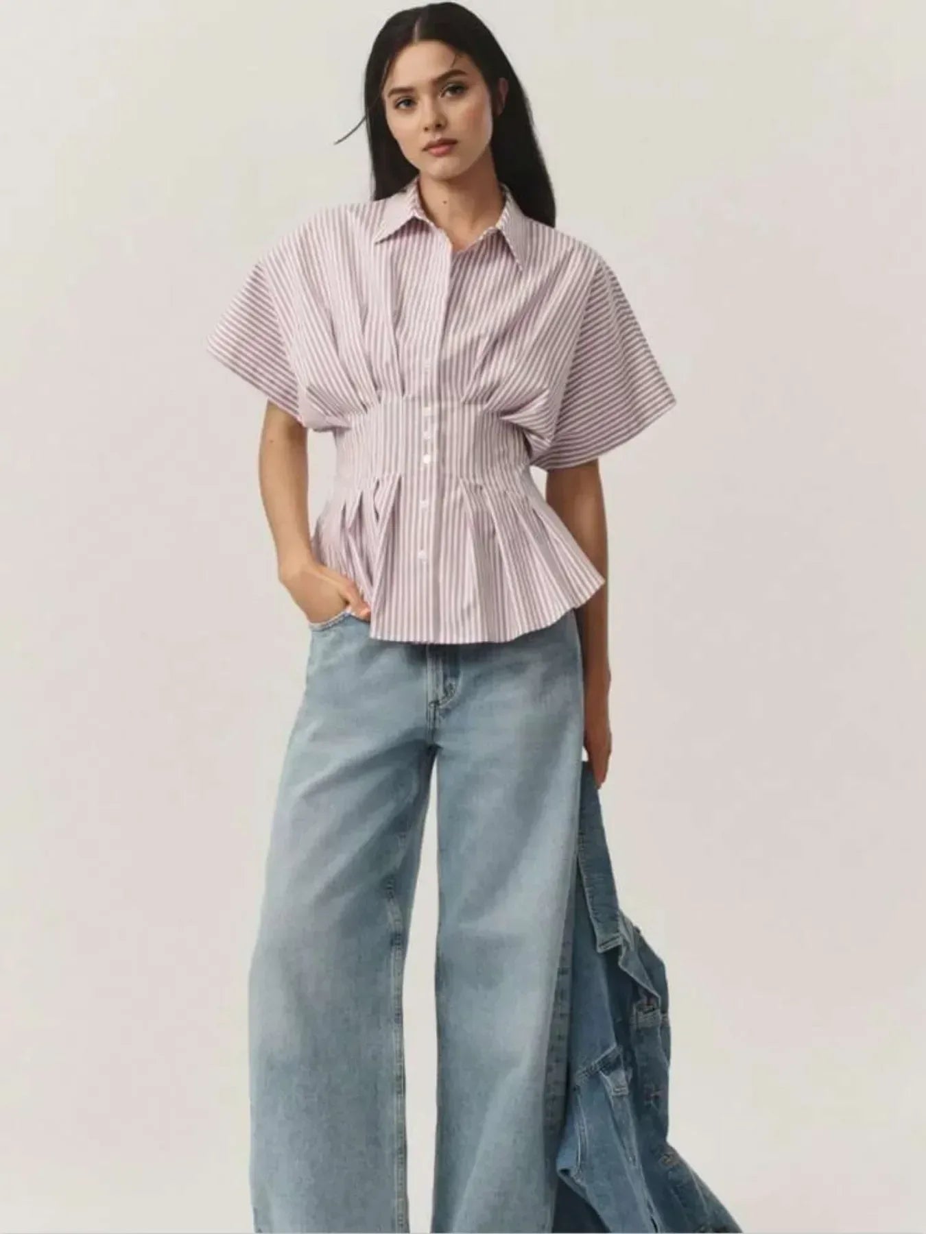 Striped Short Sleeve Button-Up Shirt - DAVERRI FASHIONS