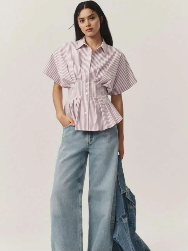 Striped Short Sleeve Button-Up Shirt | Daverri Fashions