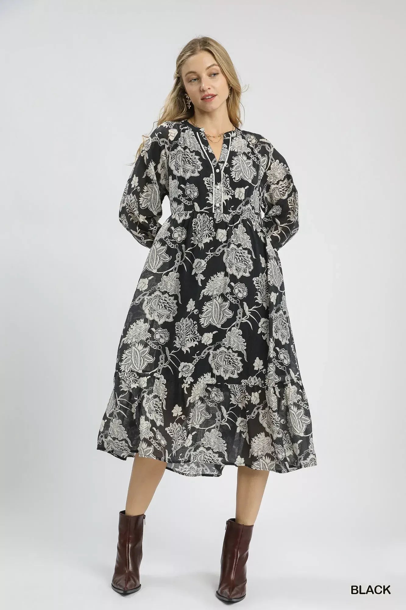 Umgee Floral Print Boho Midi Dress - DAVERRI FASHIONS