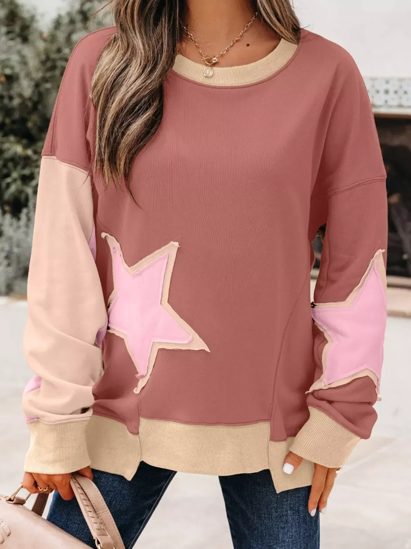 Star Patchwork Exposed Seam Drop Shoulder Sweatshirt - DAVERRI FASHIONS
