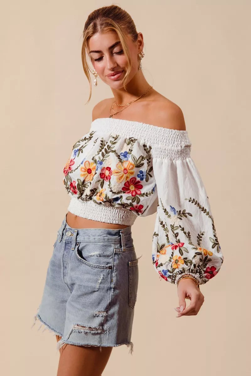 SO ME floral embroidered off-shoulder crop top with smocking
