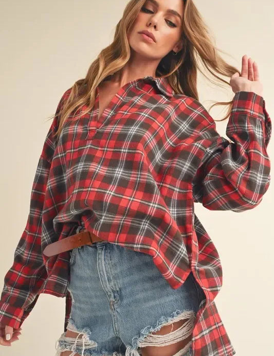 Aemi + Co Side Slit High-Low Plaid Long Sleeve Polo Shirt - DAVERRI FASHIONS