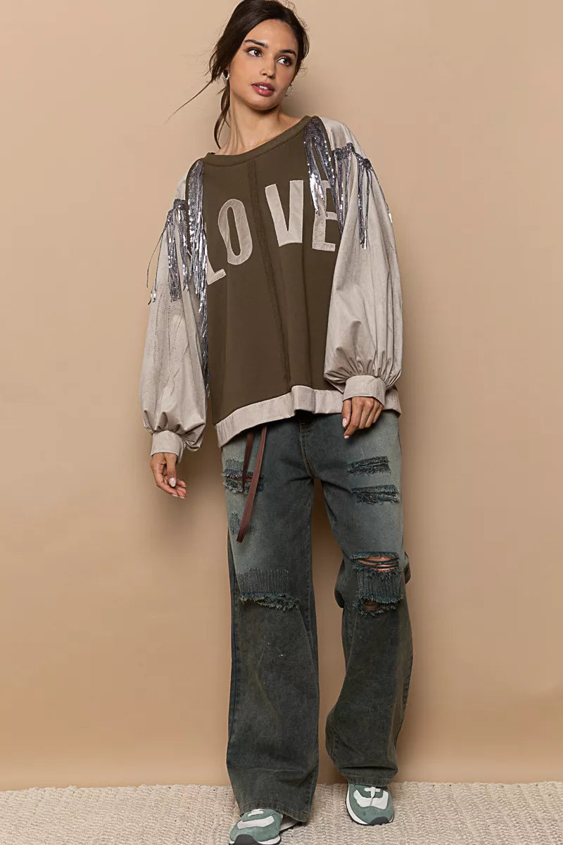 POL Balloon Sleeve French Terry Sweatshirt with Sequin Tassel | Daverri Fashions