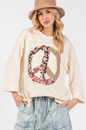 SAGE + FIG Floral Peace Patch Round Neck Top Cream