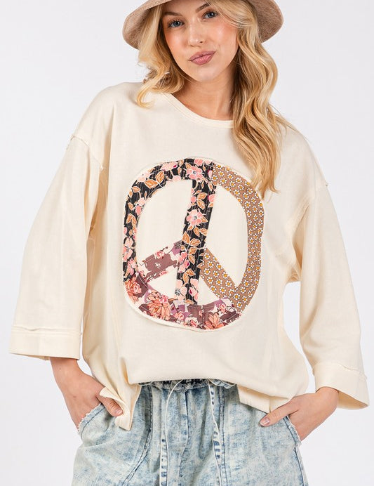 SAGE + FIG Floral Peace Patch Round Neck Top Cream