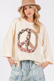 SAGE + FIG Floral Peace Patch Round Neck Top Cream Tops