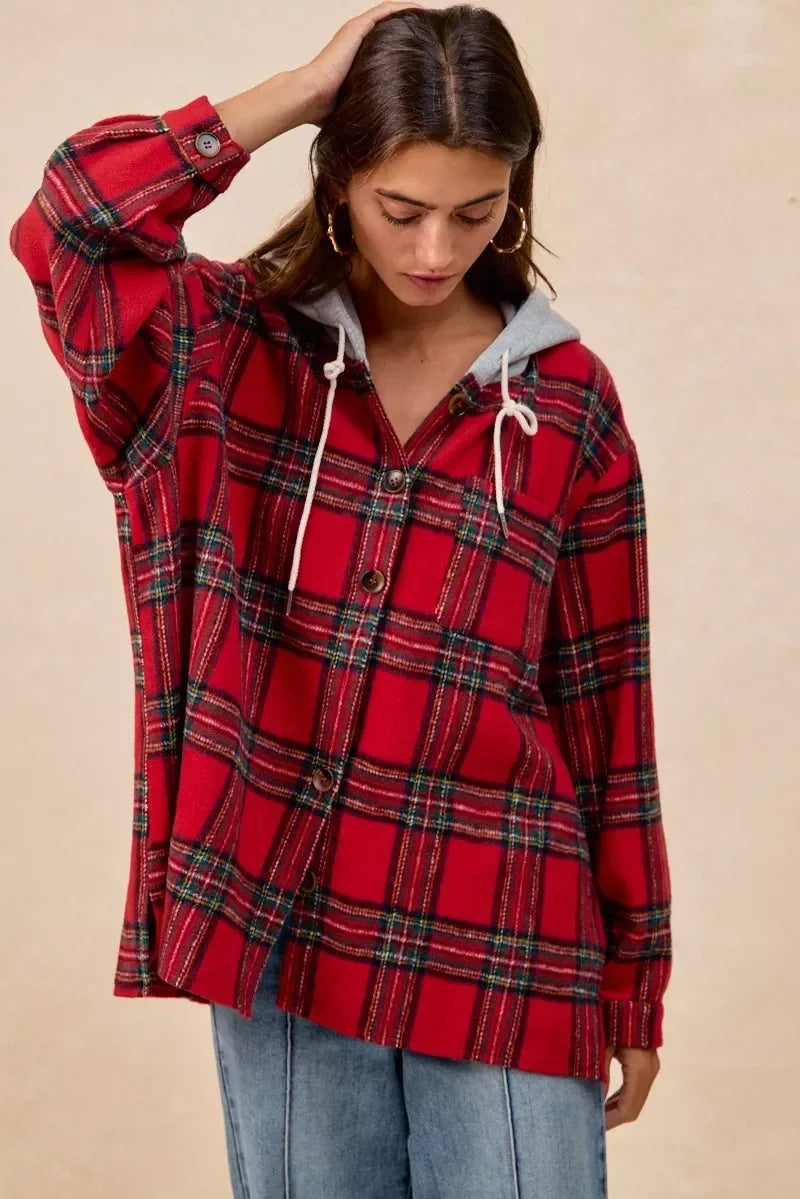 BiBi Brushed Plaid Hooded Jacket - DAVERRI FASHIONS