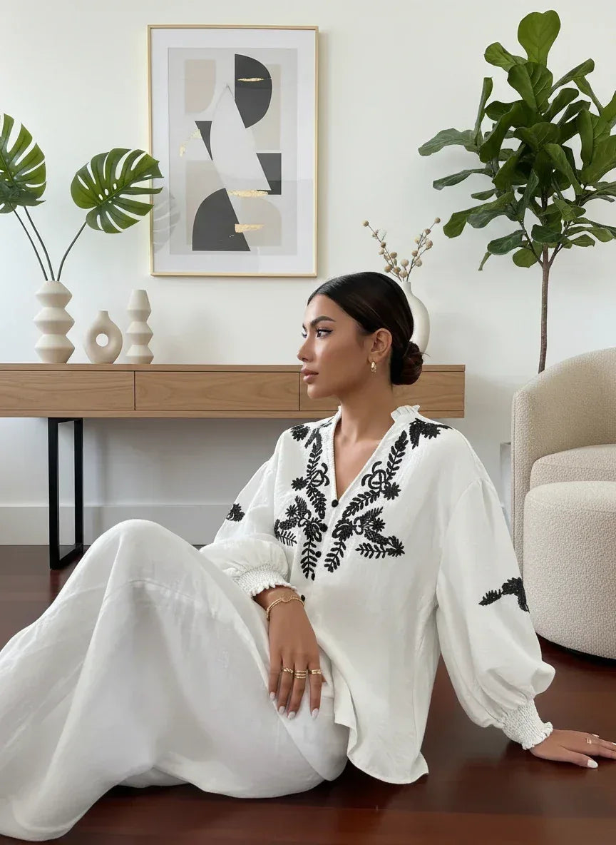 Daverri Fashions Embroidered Notched Long Sleeve Blouse - DAVERRI FASHIONS