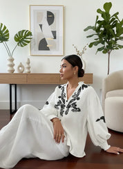 Daverri Fashions Embroidered Notched Long Sleeve Blouse - DAVERRI FASHIONS