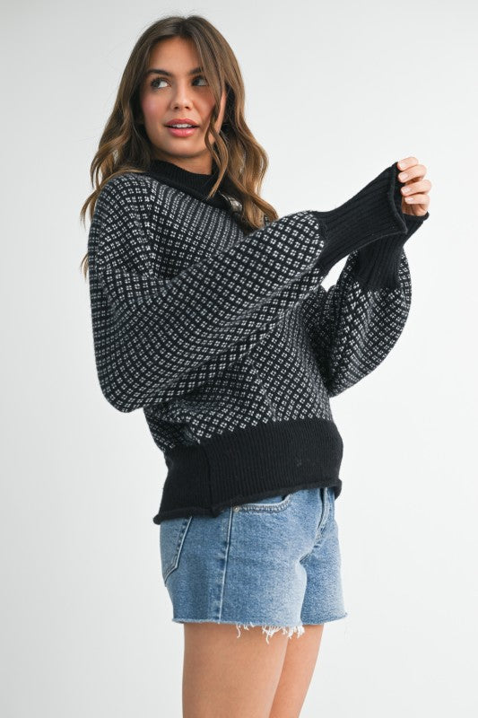 Black and white geometric Aemi + Co Echo loose fit knit sweater with bell sleeves, small