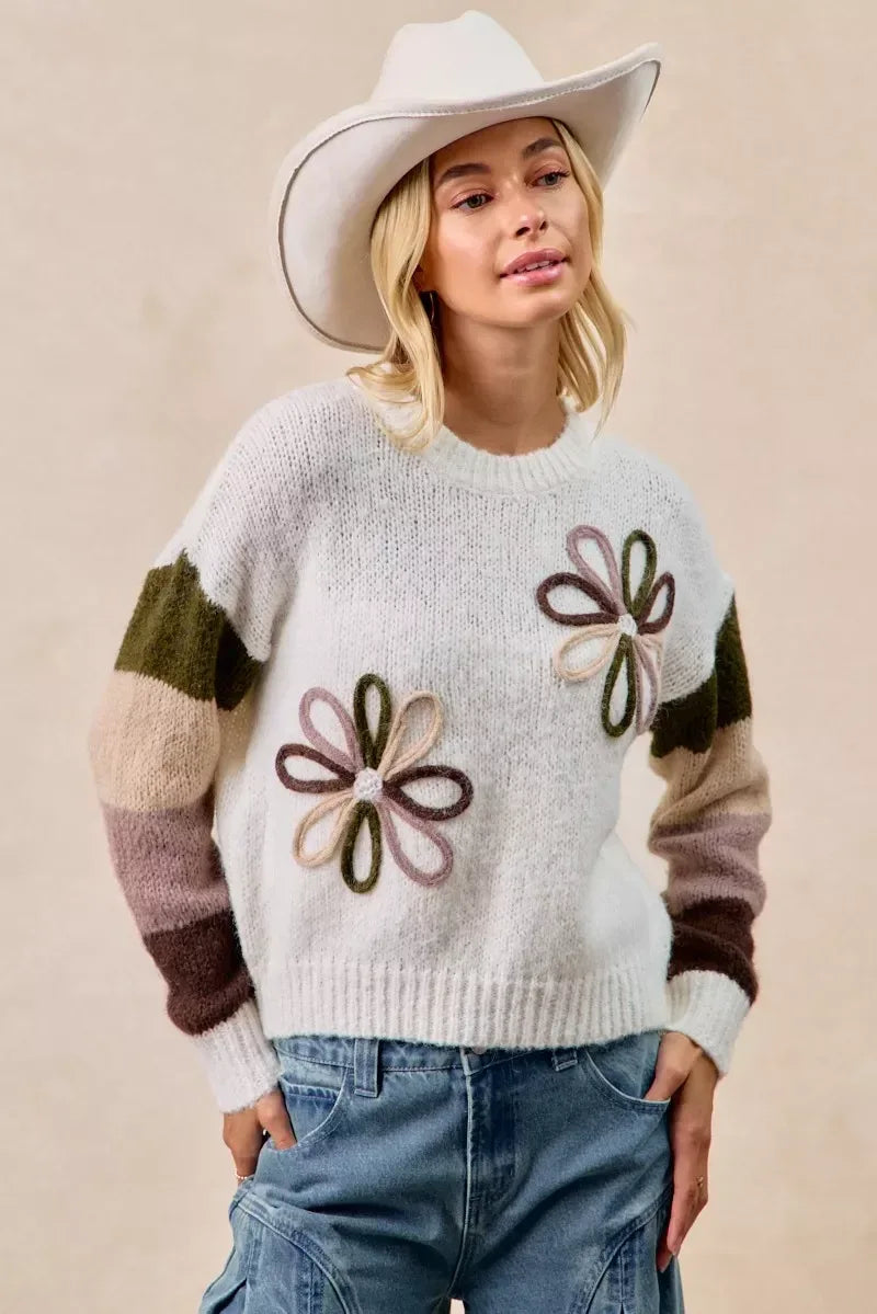 BiBi Flower Color Block Sweater - DAVERRI FASHIONS