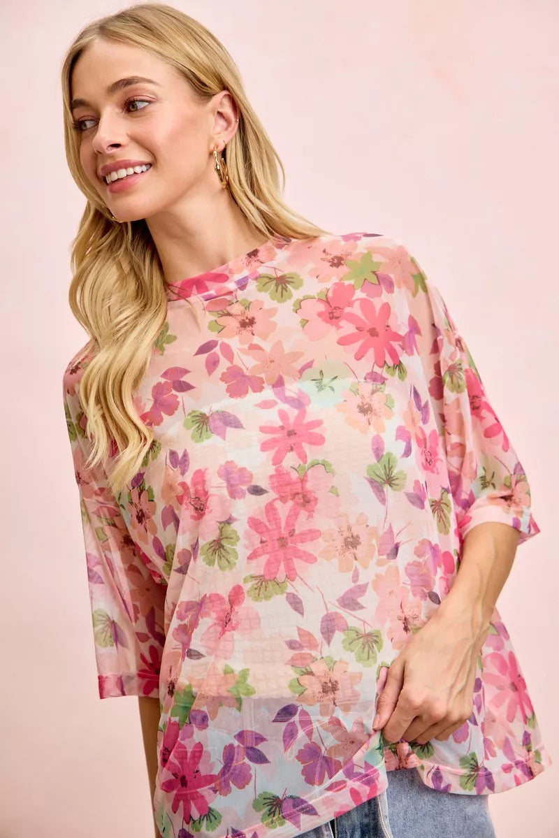 BiBi Floral Print Short Sleeves Boxy Mesh Top in soft sheer pink