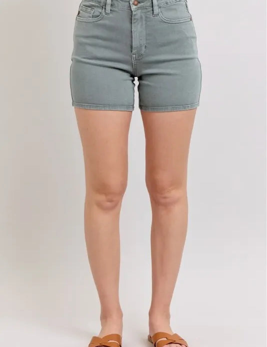 Stone Blue Judy Blue Full Size Hw Garment Dyed & Back Pkt Embroidery Shorts Plus Size | Daverri Fashions