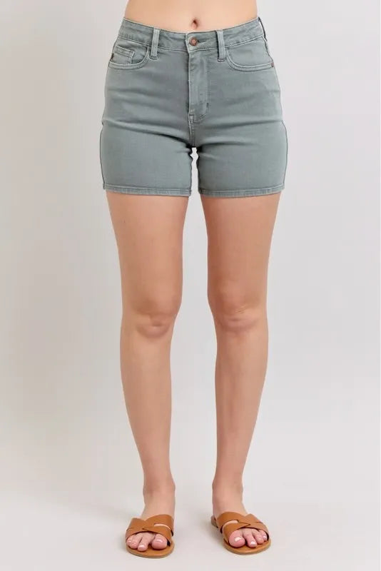 Judy Blue Full Size Hw Garment Dyed & Back Pkt Embroidery Shorts Plus Size Stone Blue