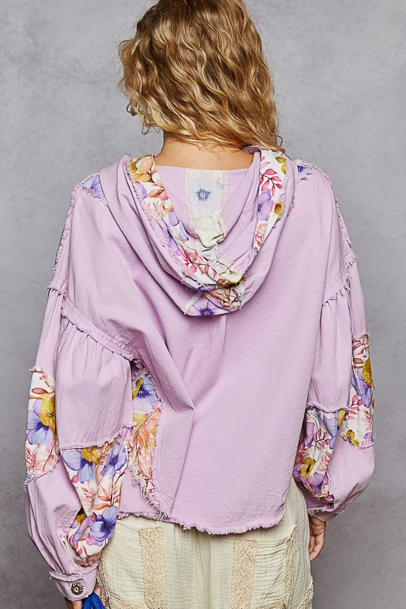 POL Raw Hem Floral Print Cropped Hooded Jacket Jackets