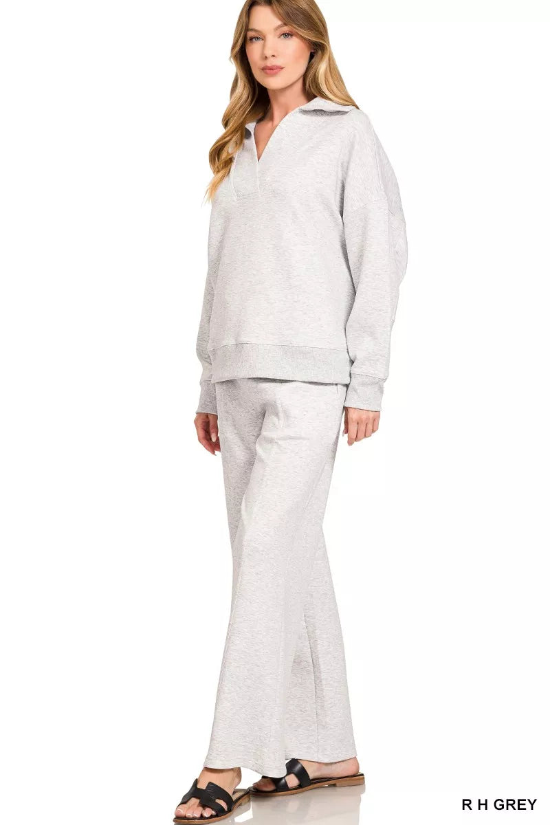 Zenana Scuba Collared Pullover and Pants Set | Loungewear Sets Daverri Fashions