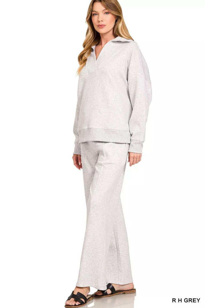 Zenana Scuba Collared Pullover and Pants Set | Loungewear Sets Daverri Fashions