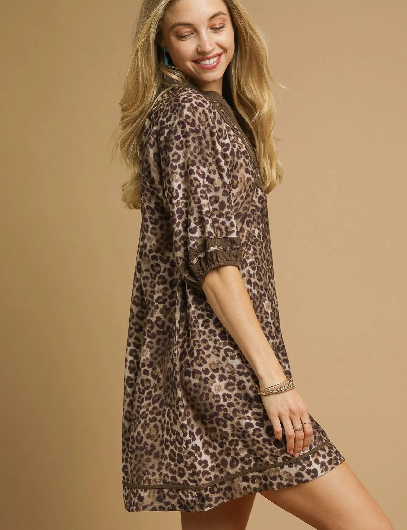 Umgee Full Size Leopard Print Mini Dress with Contrast Trim Plus Size | Mini Dresses Daverri Fashions