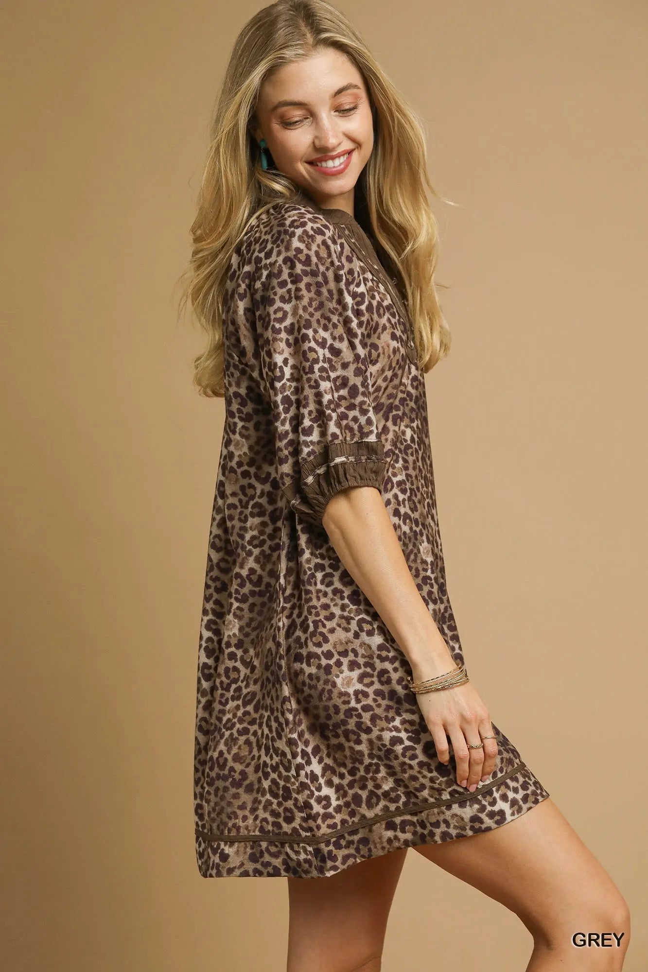 Umgee Full Size Leopard Print Mini Dress with Contrast Trim Plus Size Mini Dresses