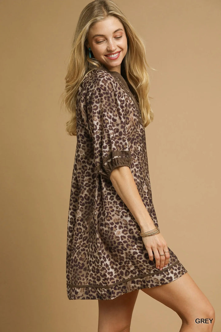 Umgee Full Size Leopard Print Mini Dress with Contrast Trim Plus Size Mini Dresses