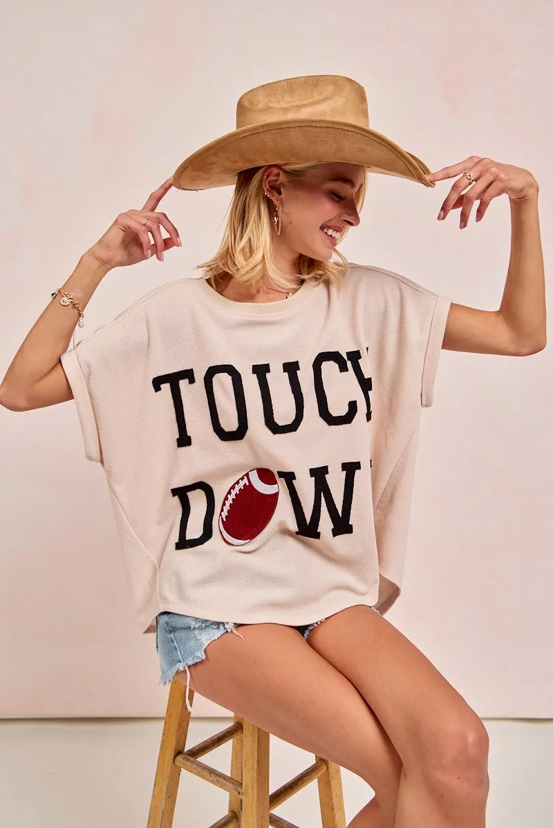 BiBi Game Day Touchdown Letter Patches Waffle Short Top | Tops Daverri Fashions