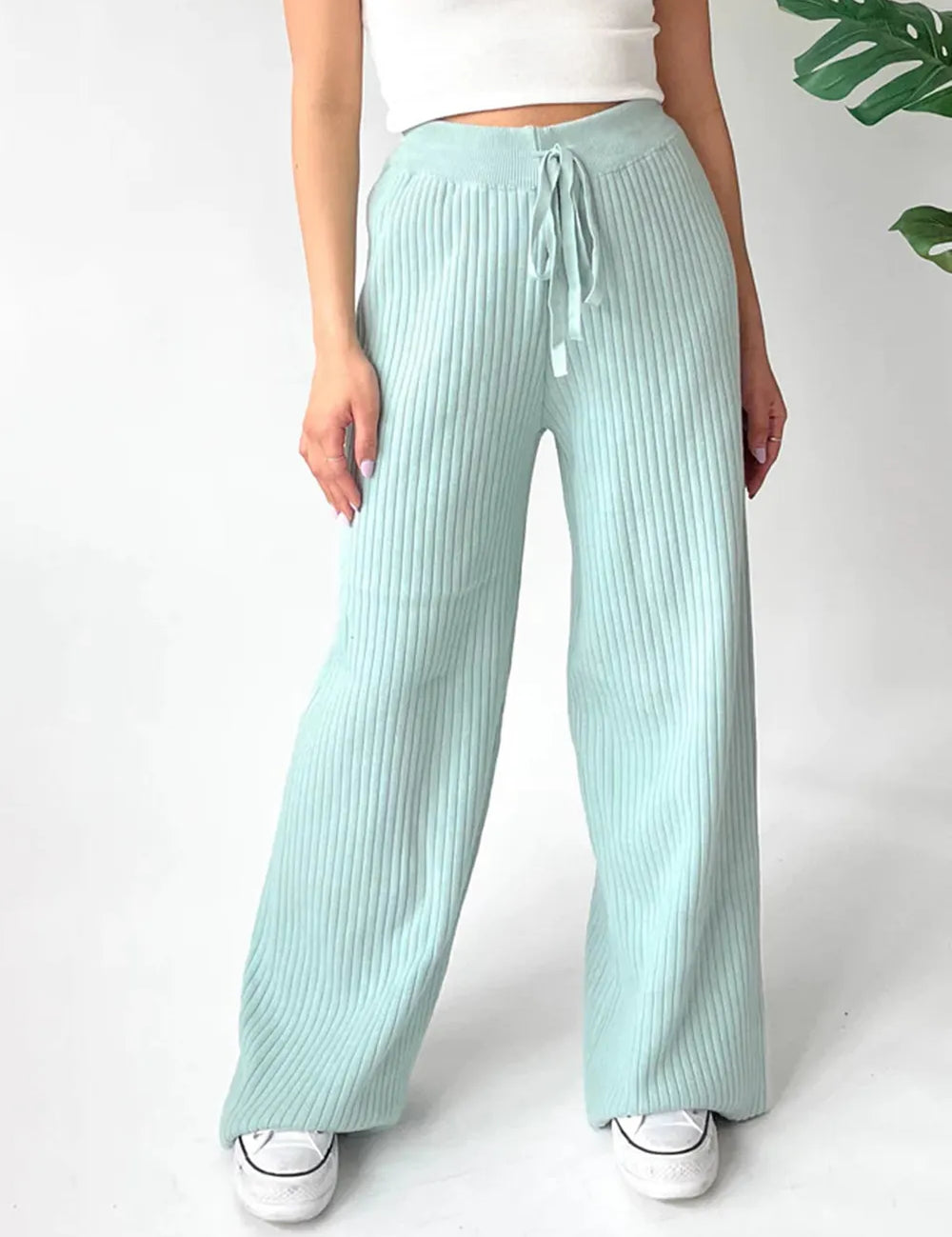 Mint Blue Ribbed Wide Leg Sweater Pants | Bottoms Daverri Fashions