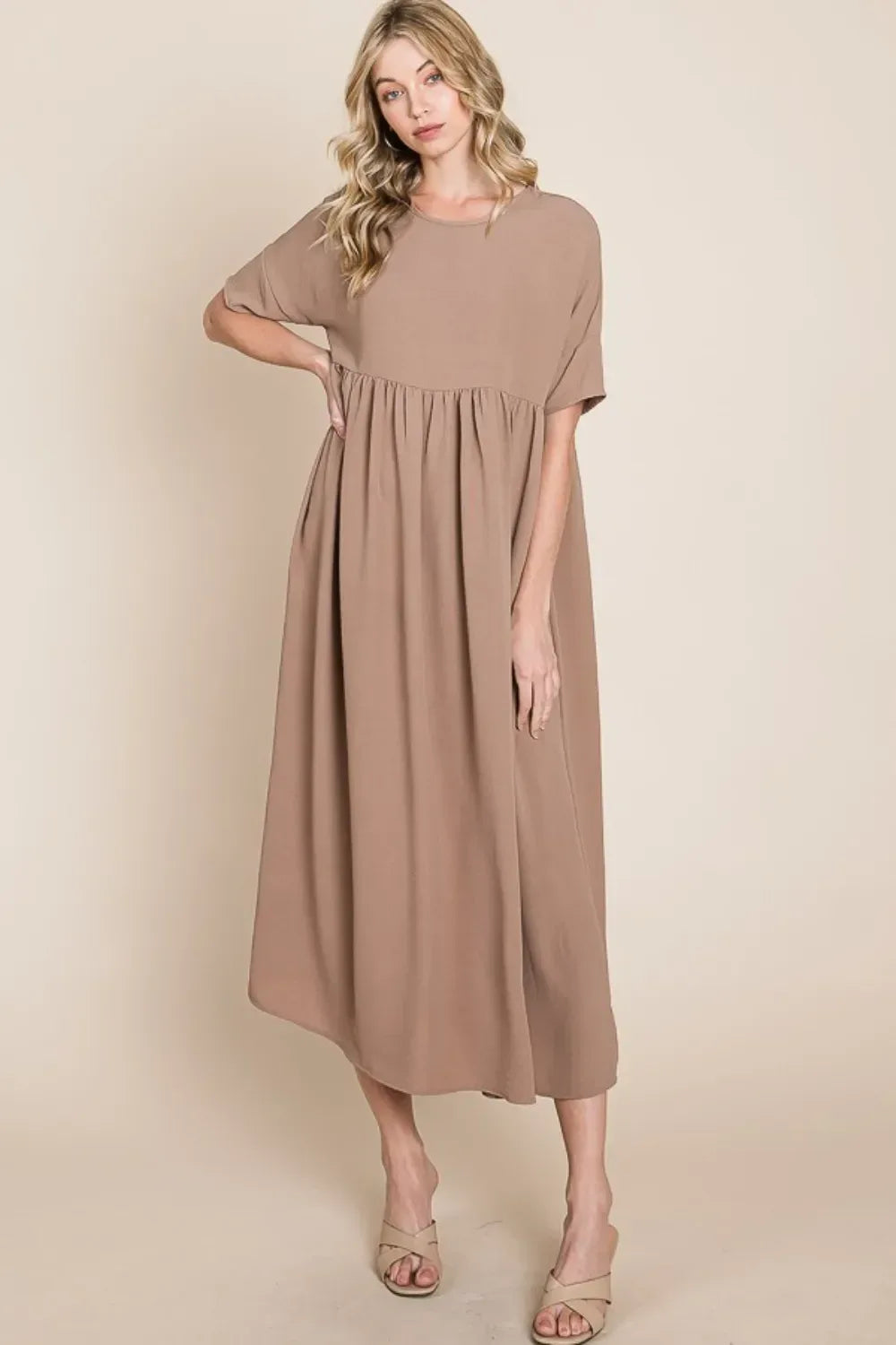 BOMBOM Round Neck Ruched Midi Dress - DAVERRI FASHIONS