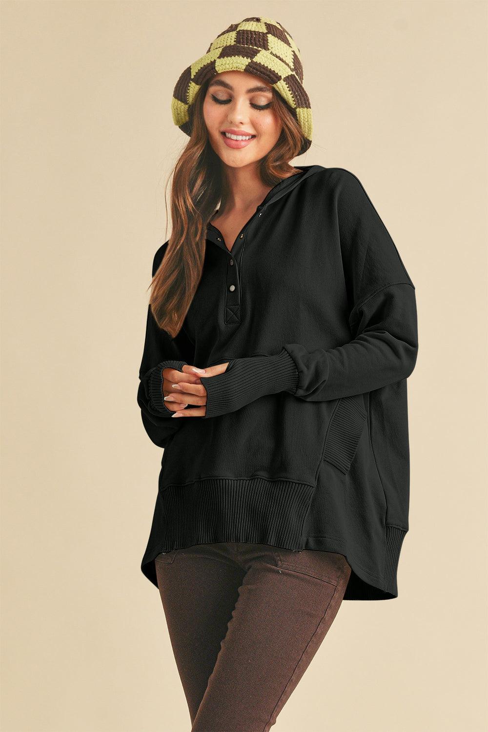 Aemi + Co Half Snap Dropped Shoulder Hoodie - DAVERRI FASHIONS