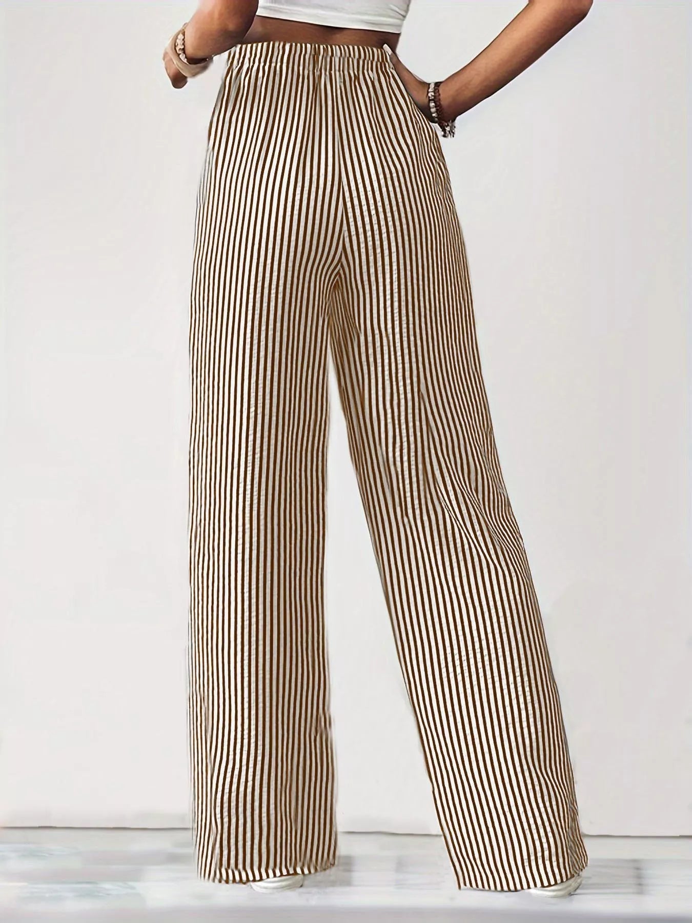 Daverri beige and black striped high-waisted wide-leg pants