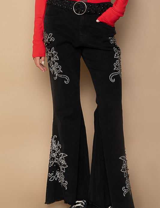 POL Raw Hem Embroidered Flare Pants Black