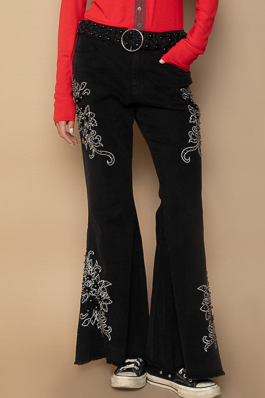 POL Raw Hem Embroidered Flare Pants Black