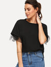 Round neck short sleeve top with black sheer tulle sleeves