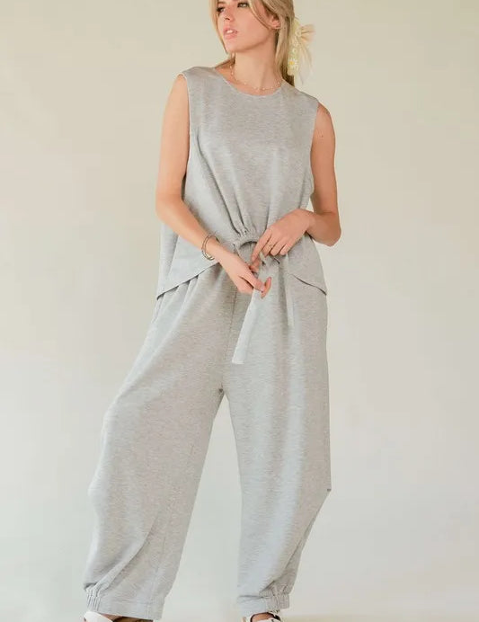 HEATHER GREY Davi & Dani Drawstring Hem Round Neck Tank and Pants Set | Outfit Sets Daverri Fashions