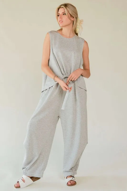 Davi & Dani Drawstring Hem Round Neck Tank and Pants Set HEATHER GREY Outfit Sets