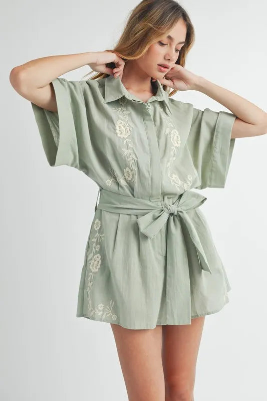 MABLE Embroidered Button Down Collared Neck Romper Rompers