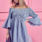 BiBi Smocked Off-Shoulder Blue and White Striped Dress with Bell Sleeves