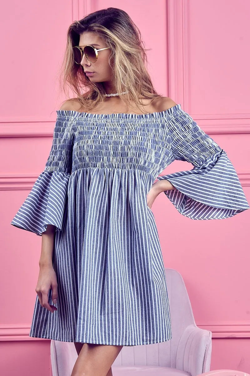 BiBi Smocked Off-Shoulder Blue and White Striped Dress with Bell Sleeves