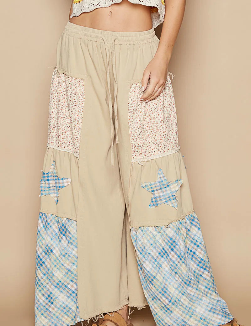 Beige POL Drawstring Star Patch Contrast Wide Leg Pants | Daverri Fashions