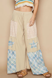 Beige POL Drawstring Star Patch Contrast Wide Leg Pants | Daverri Fashions