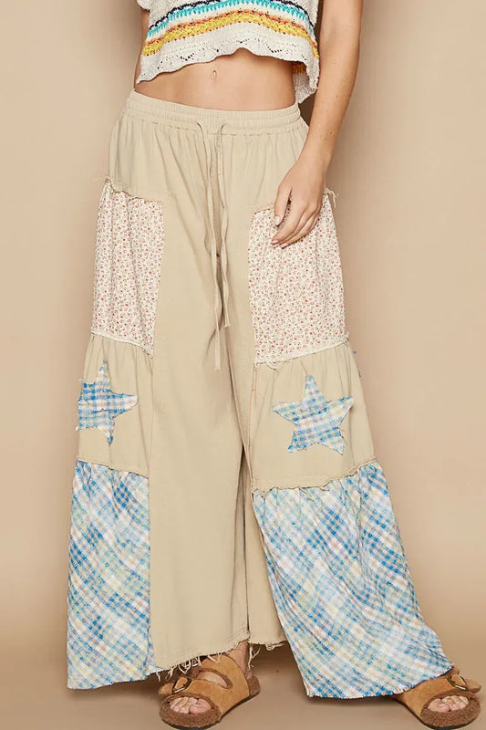 POL Drawstring Star Patch Contrast Wide Leg Pants - DAVERRI FASHIONS