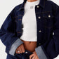 Daverri cropped oversized denim jacket with rolled sleeves and silver buttons