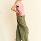 Olive green cargo pants with elastic cuffs and side pockets, paired with Davi & Dani Breezy Knit T-shirt